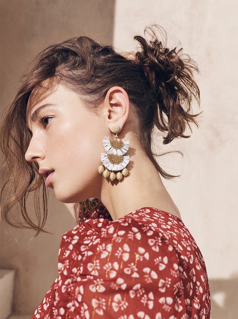 J. Crew Bead and Raffia Earrings and Ruched-Sleeve Top in Sparkle Floral