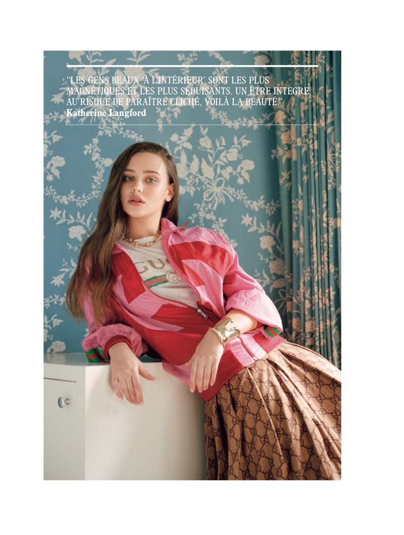 Katherine Langford poses in a complete look from Gucci