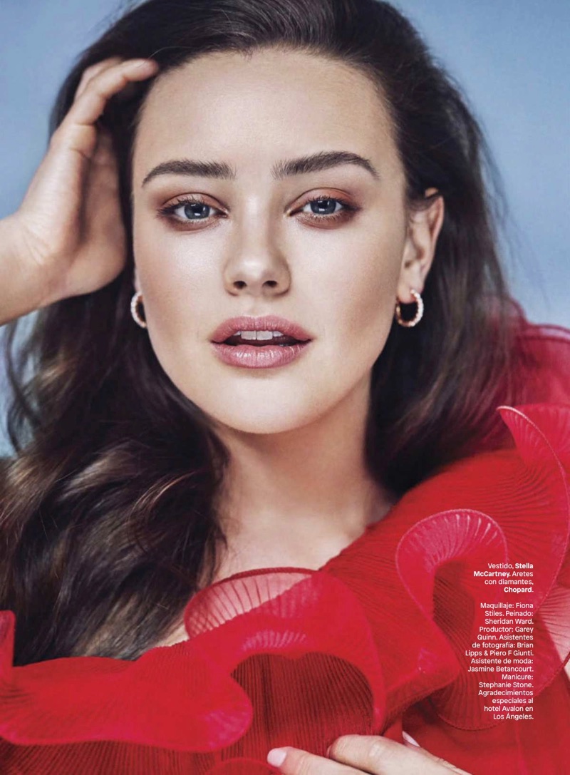 Ready for her closeup, Katherine Langford wears Stella McCartney dress and Chopard earrings