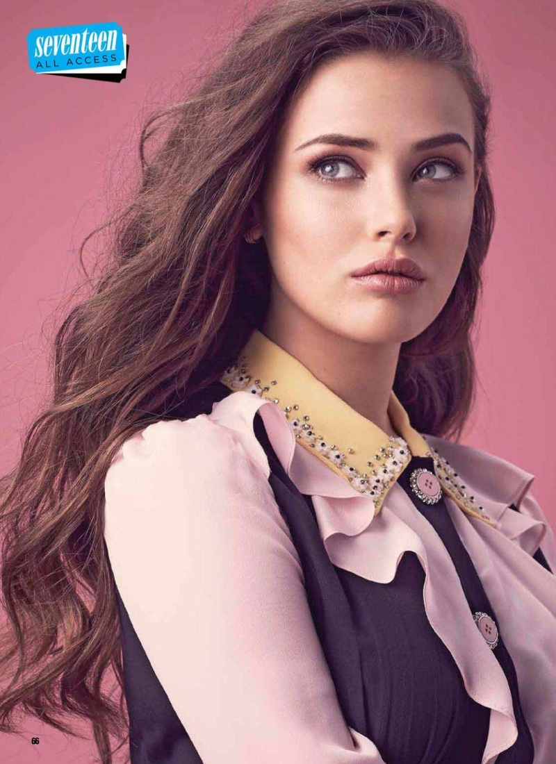 Actress Katherine Langford strikes a pose in a ruffled top