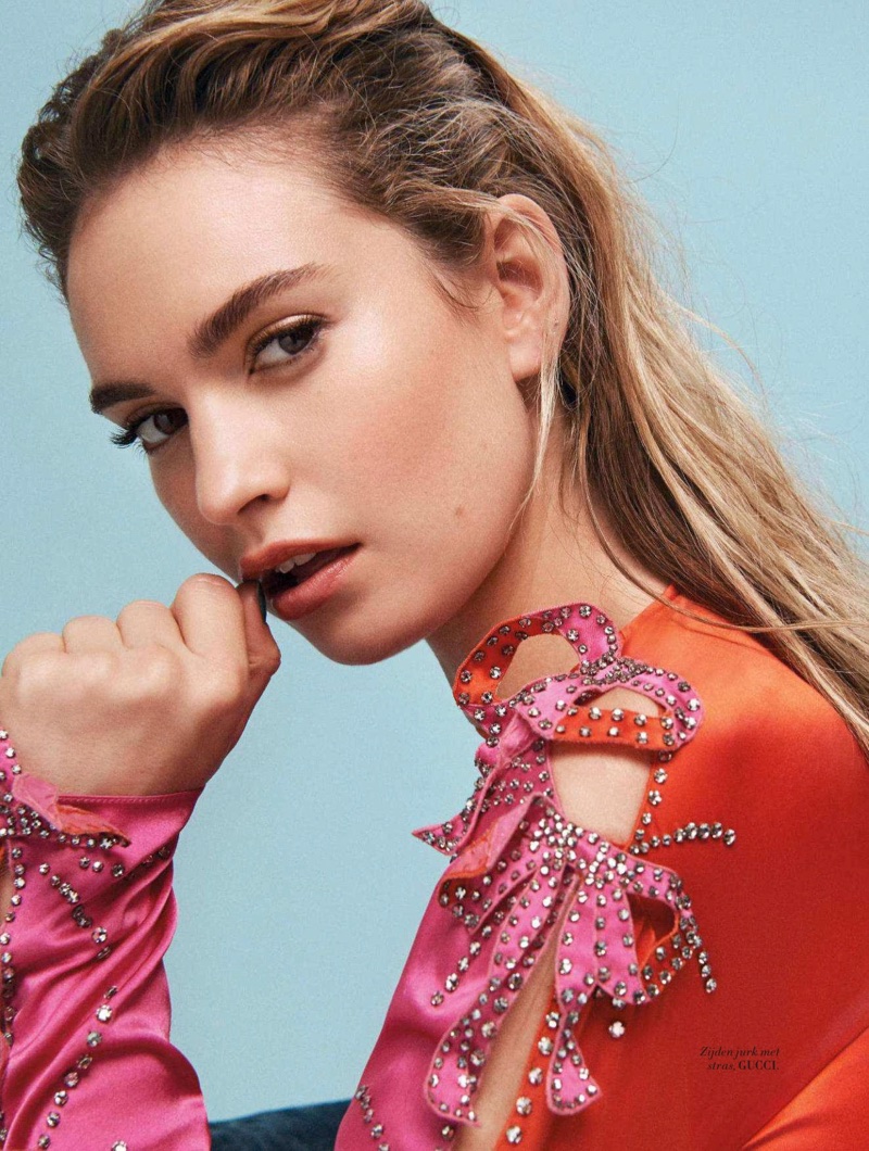 Actress Lily James wears Gucci dress