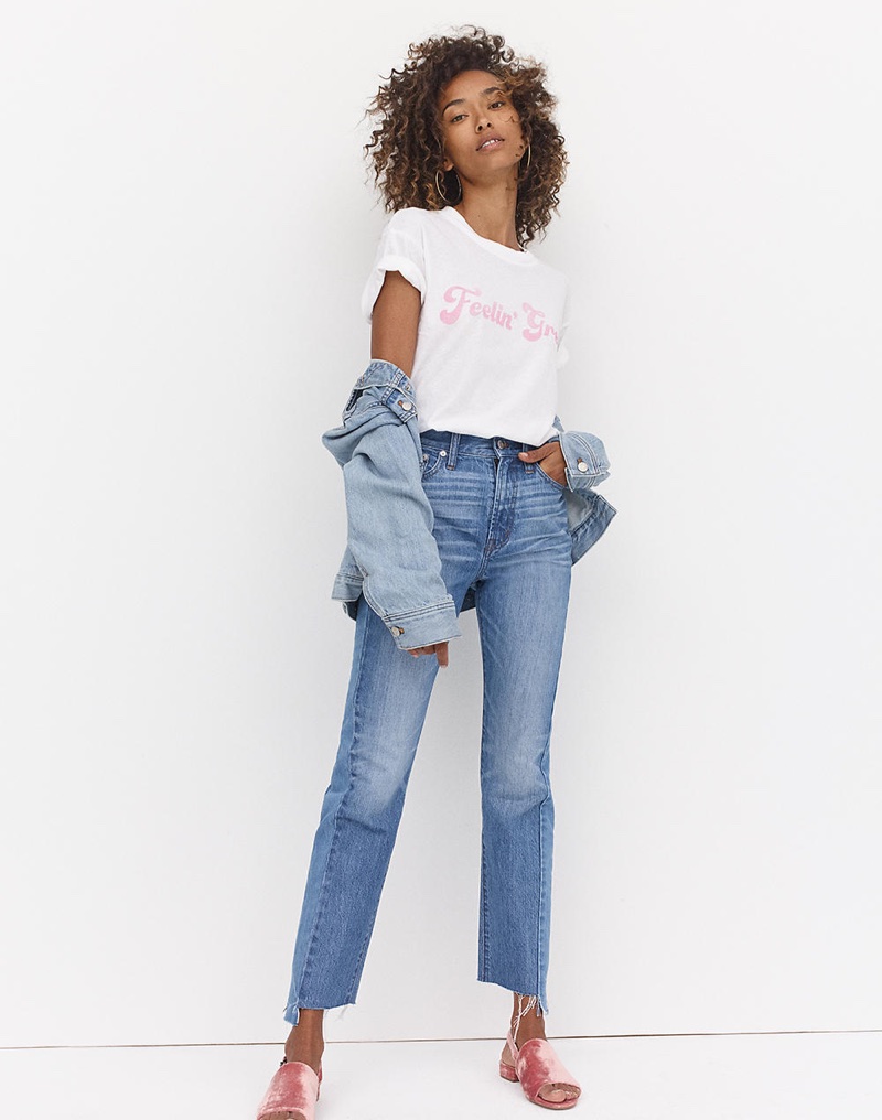 Madewell Rivet & Thread Feelin' Great Feelin' Fine Graphic Tee, The Boxy-Crop Jean Jacket in Fitzgerald Wash, The Perfect Summer Jean: Pieced Edition and The Noelle Slingback Sandal in Velvet