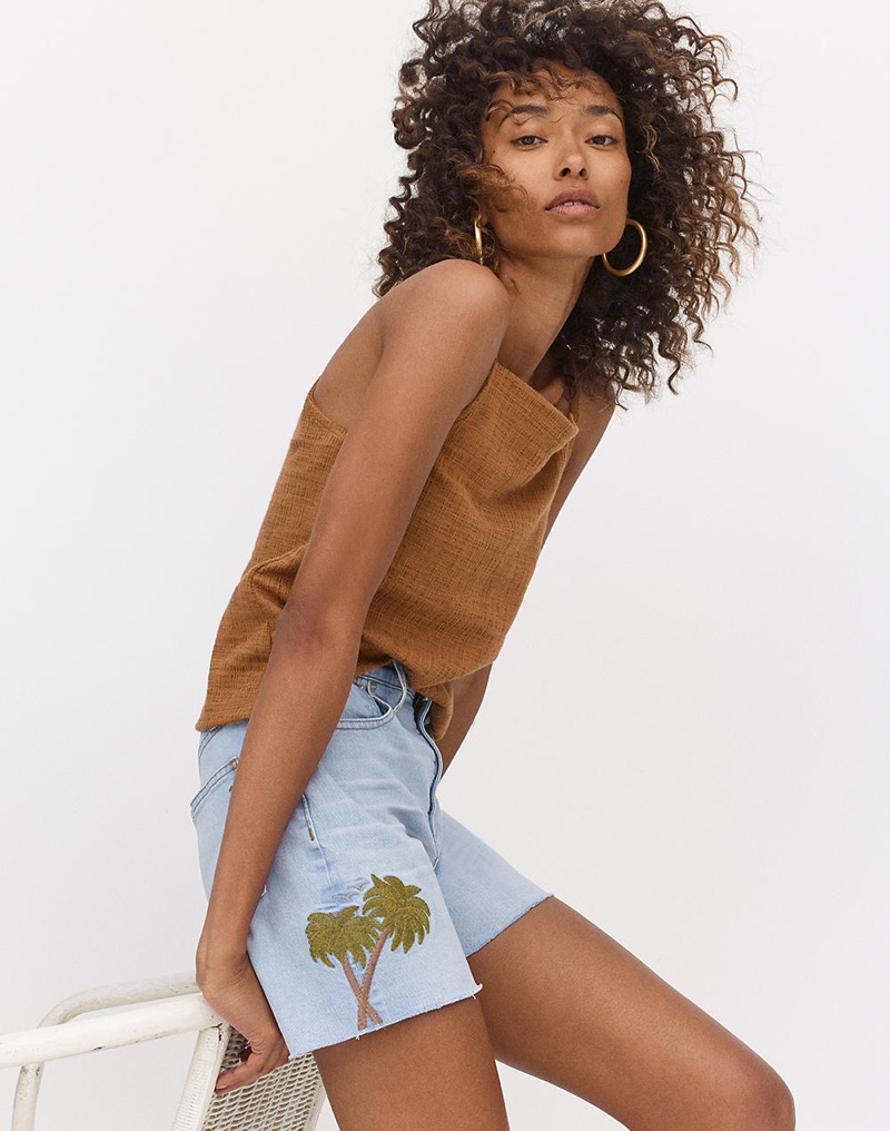 Madewell Textile & Thread Apron Tank Top, High-Rise Denim Shorts: Sun Embroidered Edition and Chunky Oversized Hoop Earrings