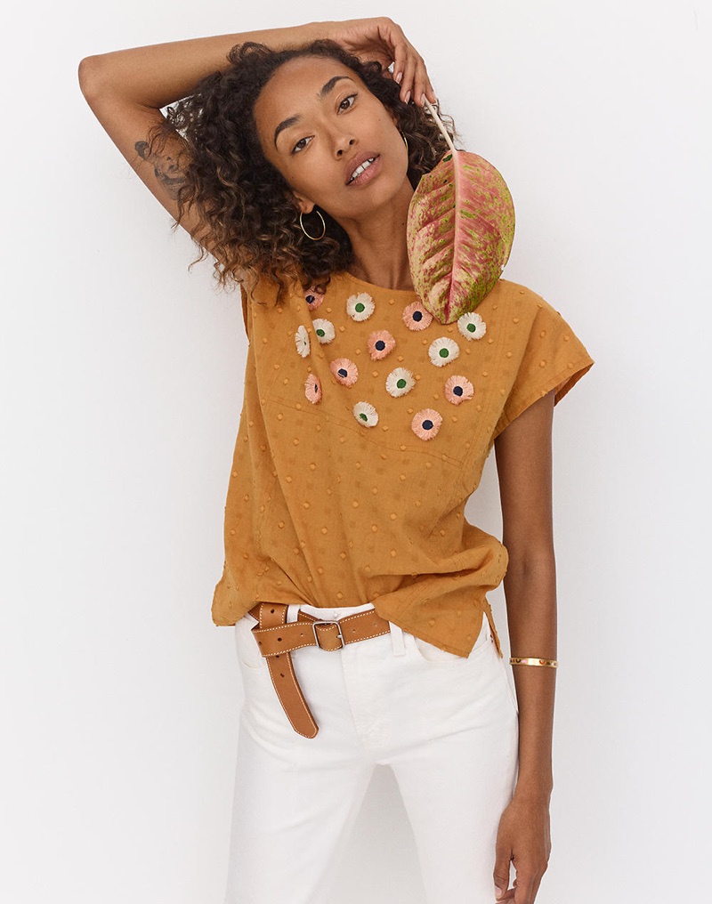 Madewell Embroidered Sunflower Top, The Perfect Jean in Tile White: Destructed-Hem Edition and Leather Contrast-Stitched Belt