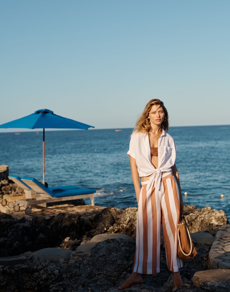 Madewell Short-Sleeve Tie-Front Shirt, Sport Bikini Top in Warm Paisley, Huston Pull-On Crop Pants in Evelyn Stripe and The Siena Convertible Tote