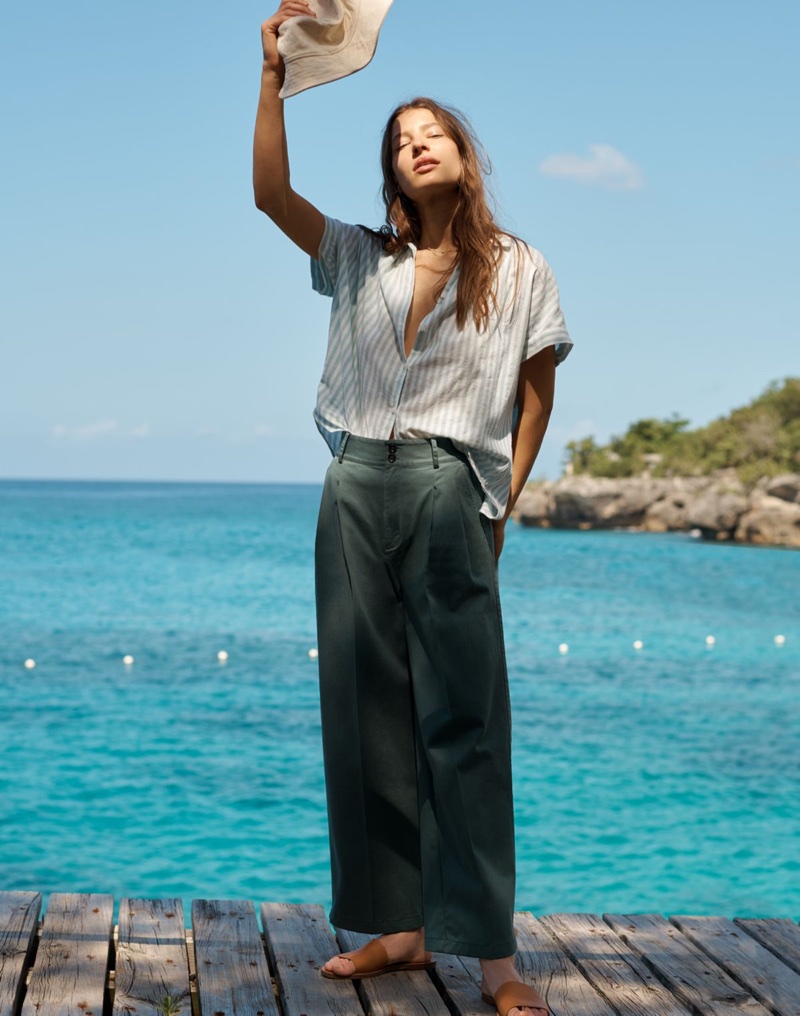 Madewell Central Shirt in Mint Stripe, Pleated Wide-Leg Pants, The Boardwalk Post Slide Sandal and Short-Brimmed Canvas Bucket Hat