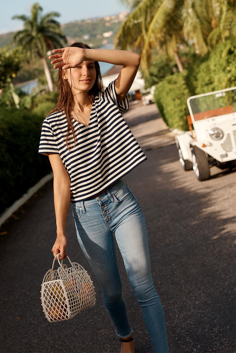 Madewell Setlist Boxy Top in Marton Stripe and 9" High-Rise Skinny Crop Jeans: Button-Front Edition