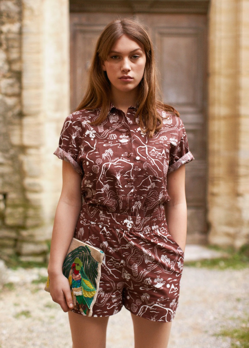 & Other Stories Tropical Map Print Button Down Shirt, Tropical Map Print Shorts and Embroidered Paradise Clutch