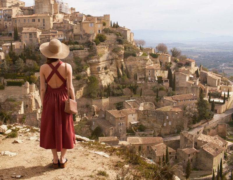 & Other Stories Side Button Pinafore Dress, Basket Weave Crossbody Bag and Wide Brim Straw Hat