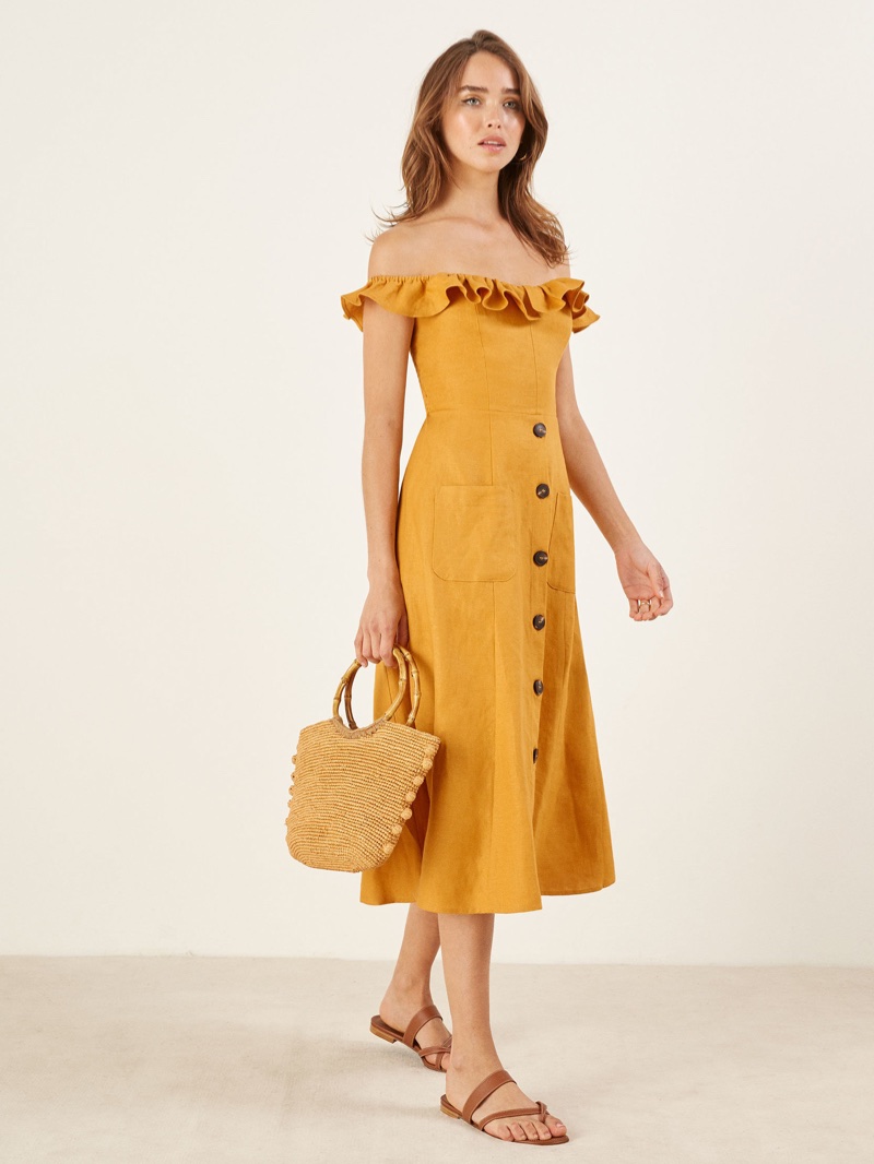 Reformation Hattie Dress in Ochre $218