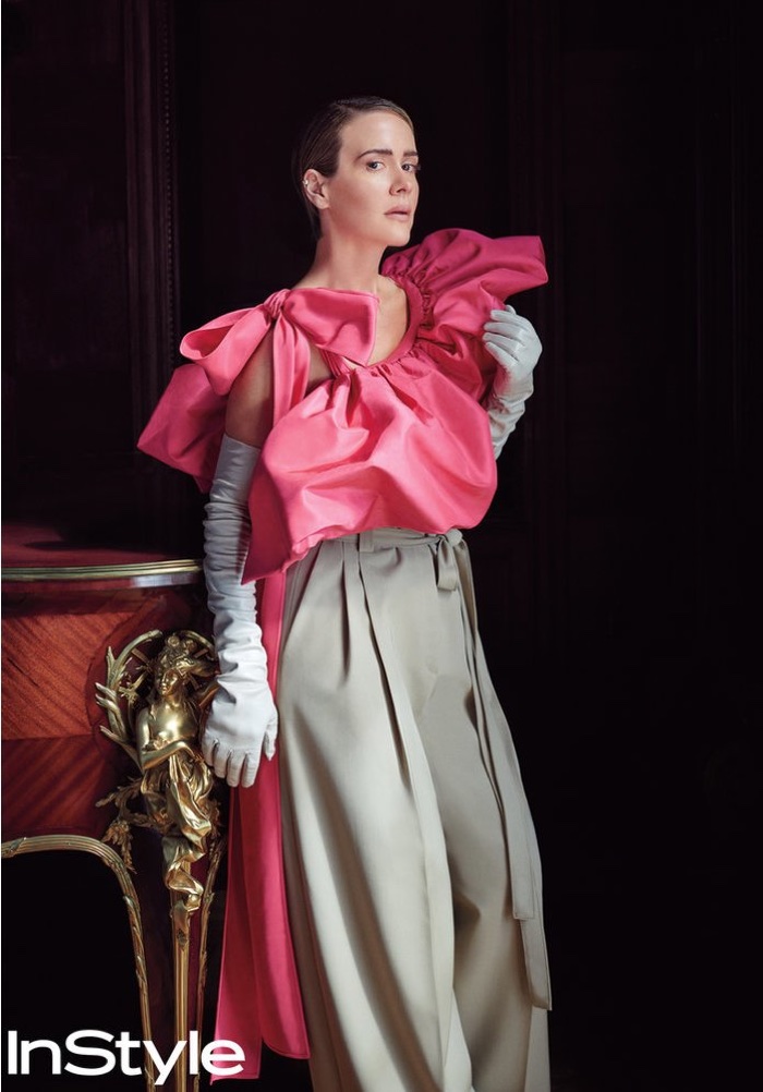 Dressing up, Sarah Paulson wears Valentino Haute Couture top, pants and gloves