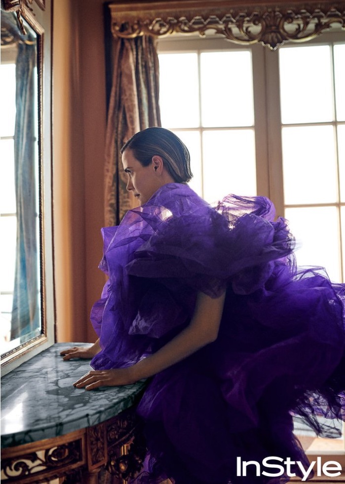 Actress Sarah Paulson wears purple Alexandre Vauthier dress