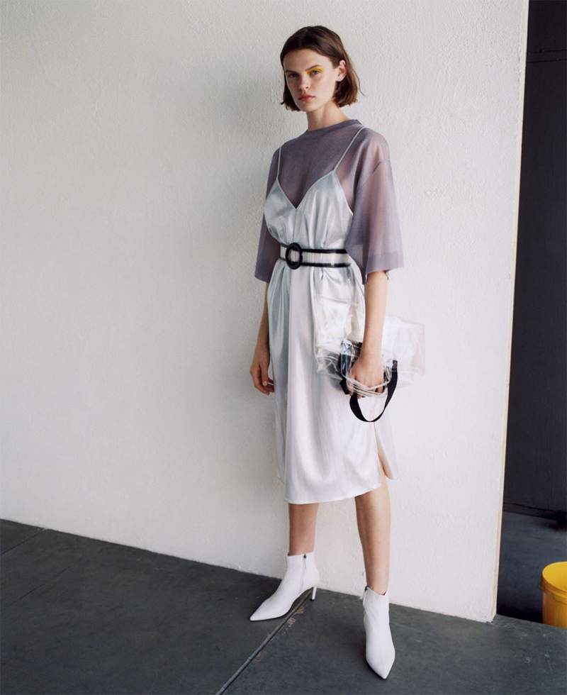 Cara Taylor models Zara Metallic-Effect Camisole Dress, Fine Oversized Top and Leather Mid-Heel Ankle Boots