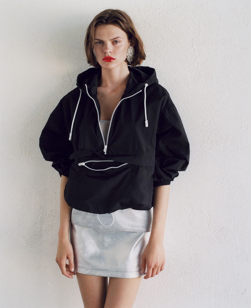 Cara Taylor models Zara Water Repellent Lightweight Jacket and Metallic-Effect Mini Skirt