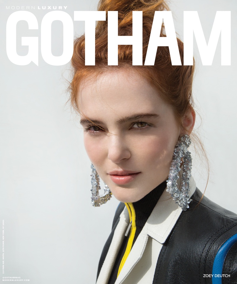 Zoey Deutch wears Dior leather jacket and jumpsuit with Sachin & Babi earrings on Gotham Magazine May 2018 Cover