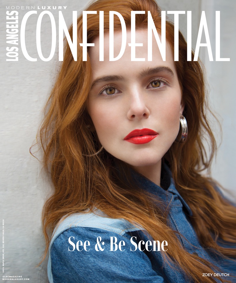 Actress Zoey Deutch wears Calvin Klein Jeans denim shirt and Jennifer Fisher earrings on Los Angeles Confidential May 2018 Cover