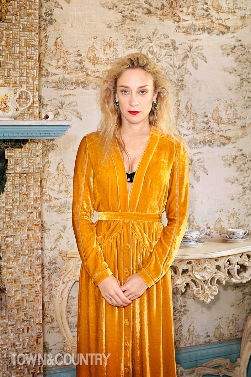 Actress Chloe Sevigny wears Bottega Veneta dress and bra with David Yurman earrings