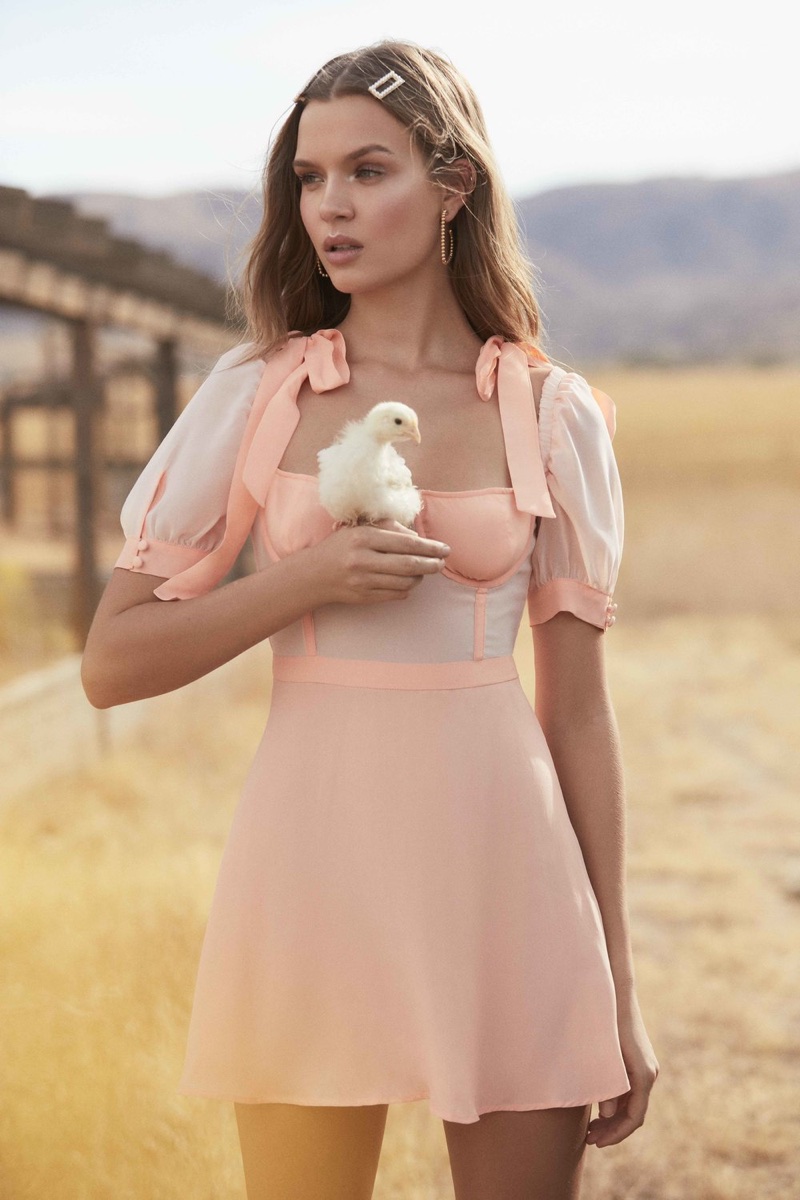Josephine Skriver models Louise minidress from For Love & Lemons summer 2018 collection