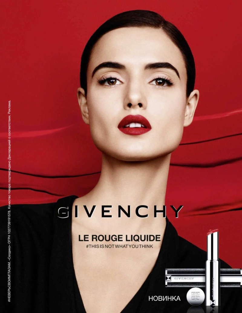 Blanca Padilla wears crimson lipstick for Givenchy Le Rouge Liquide campaign