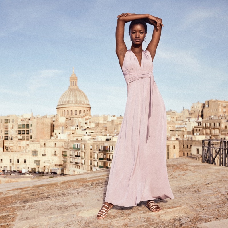 H&M Long V-Neck Dress and Sandals with Rhinestones