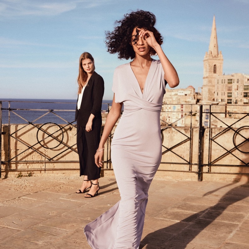 (Front) H&M Long Draped Dress (Right) H&M Jacket with Ties, Satin and Lace Camisole Top, Crêped Culottes and Sandals