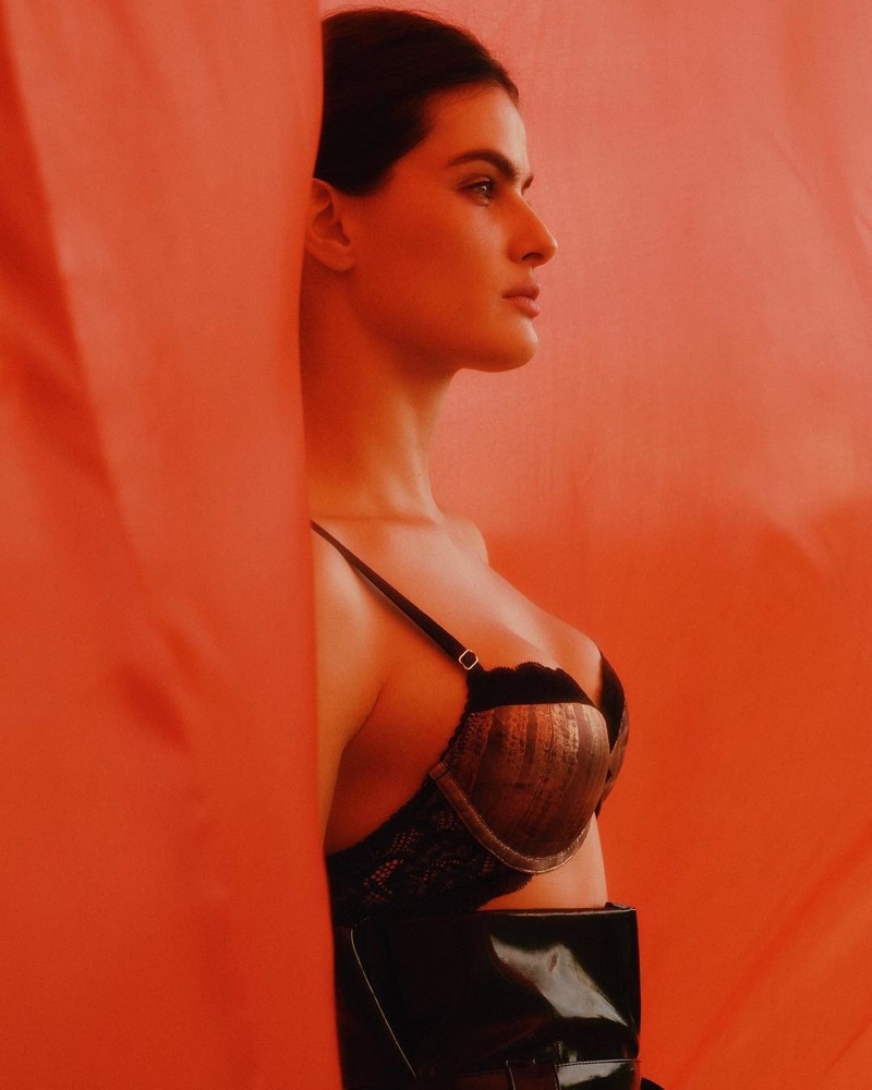 Model Isabeli Fontana wears lace embellished bra from Morena Rosa lingerie collaboration