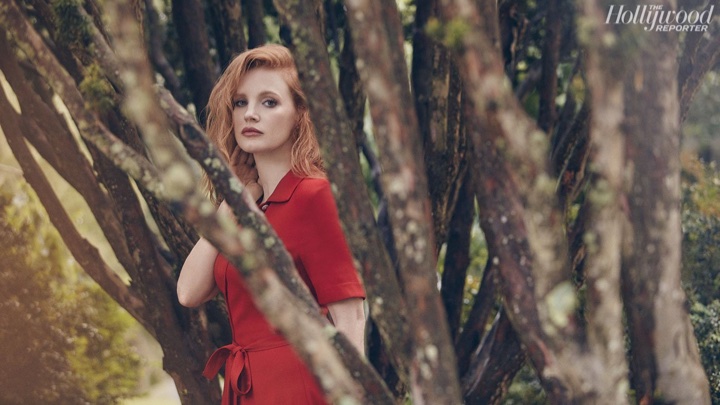 Actress Jessica Chastain wears red dress