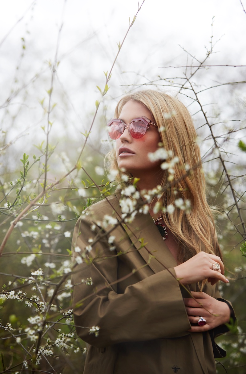 Posing outdoors, Kitty Spencer wears Bulgari sunglasses and jewelry