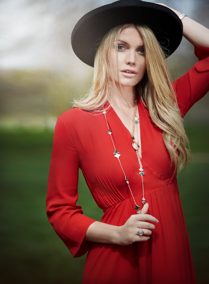 Dressed in red, Kitty Spencer poses for Bulgari jewelry campaign