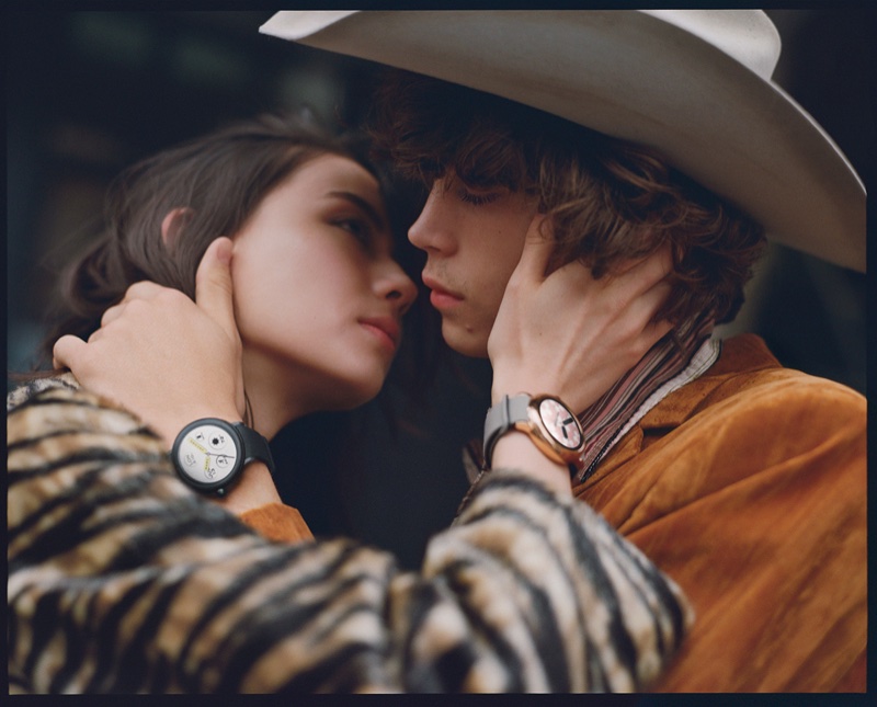 Lauren Tsai and Lucas Bin embrace in Marc Jacobs Smartwatches campaign