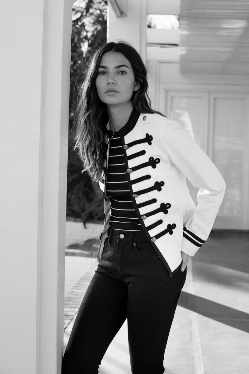 Lily Aldridge models military denim jacket in Lauren Ralph Lauren summer 2018 campaign