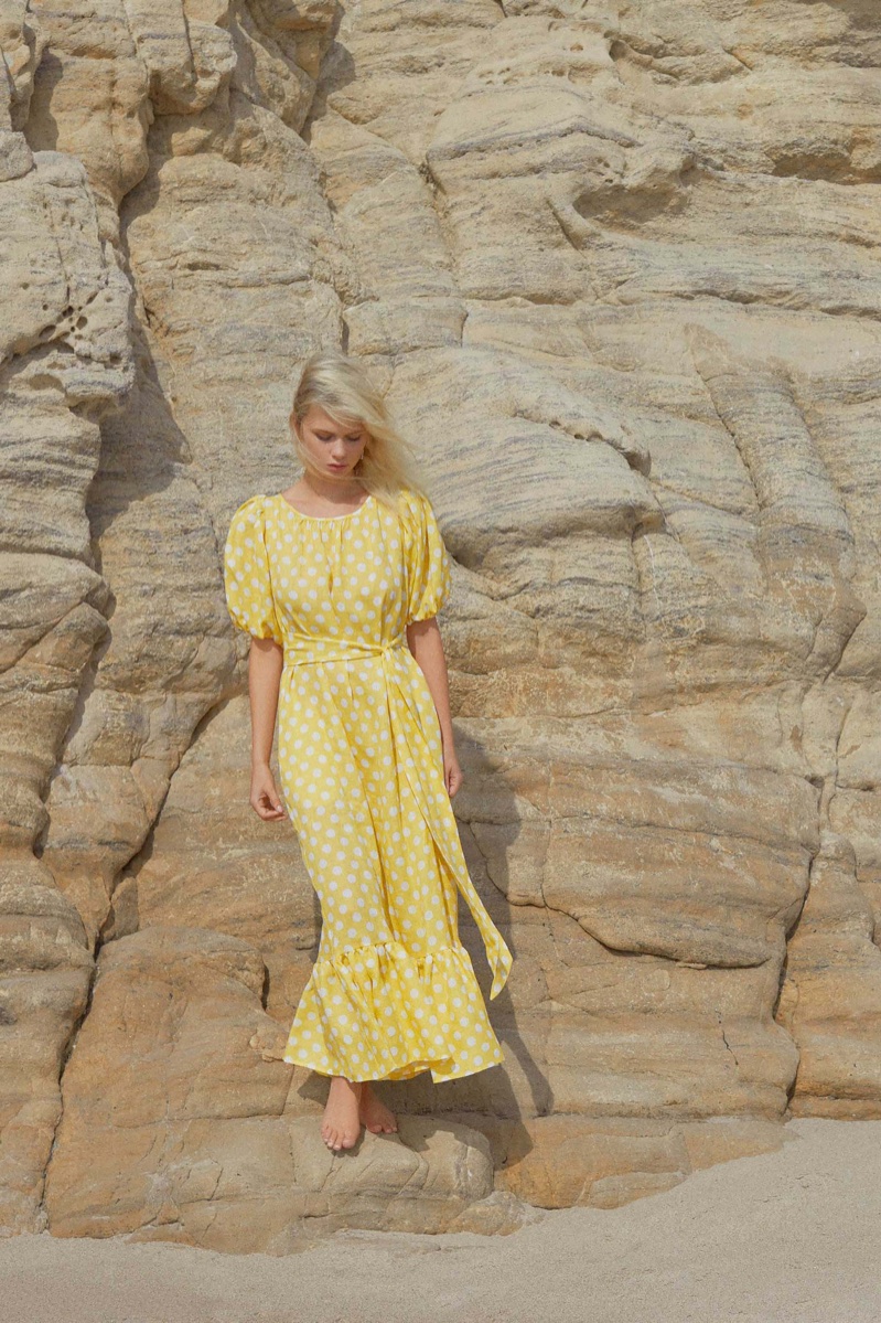 Delilah Parillo models polka dot print prairie dress from Lisa Marie Fernandez's spring 2018 collection