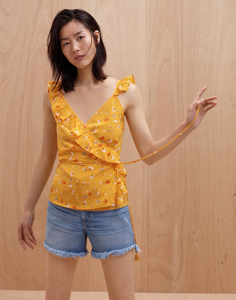 Madewell Silk Wrap Cami Top in Painted Carnations and The Perfect Jean Short: Step-Hem Edition