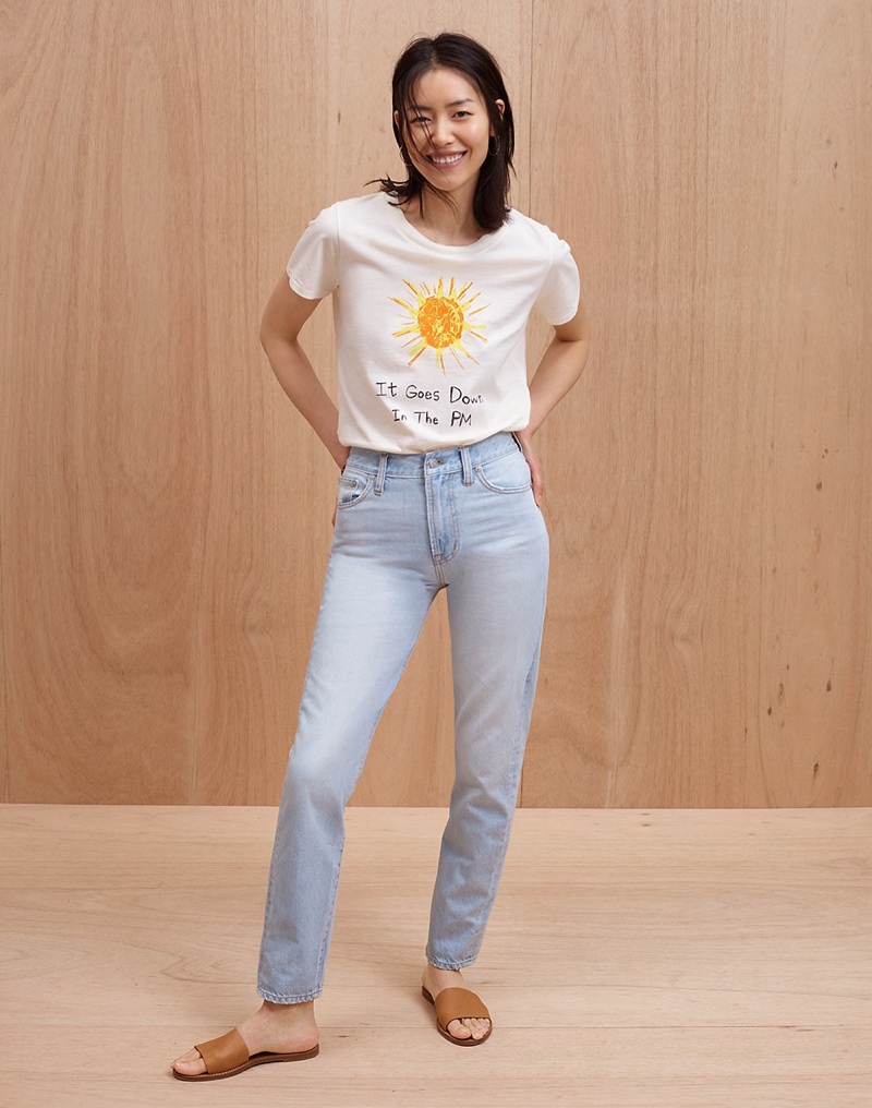 Madewell x Unfortunate Portrait It Goes Down in the PM Tee, The Perfect Summer Jean in Fitzgerald Wash and The Boardwalk Post Slide Sandal