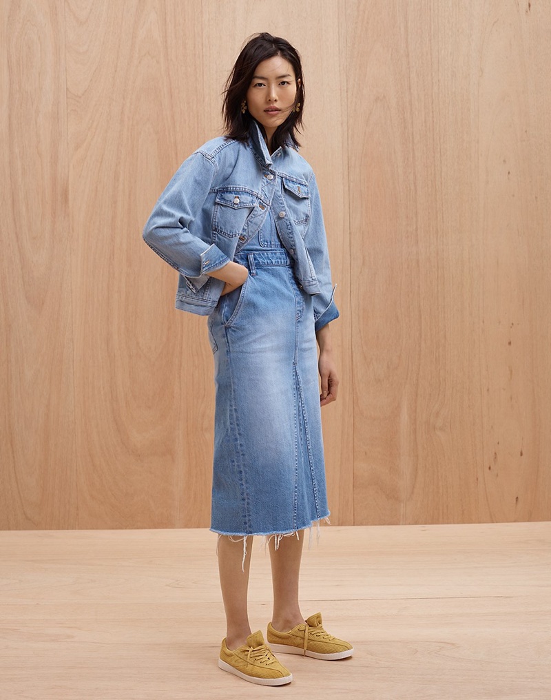 Madewell The Boxy-Crop Jean Jacket in Fitzgerald Wash, Reconstructed Overall Jumper, Madewell x Tretorn Bold III Perforated Platform Sneakers and Daisy Statement Earrings