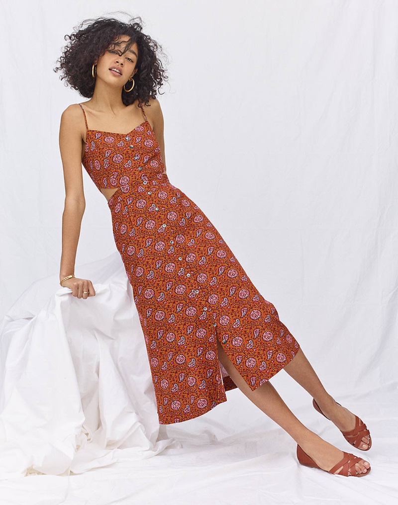 Madewell Cutout Cami Midi Dress in Warm Paisley, Chunky Oversized Hoop Earrings and The Donovan Sandal