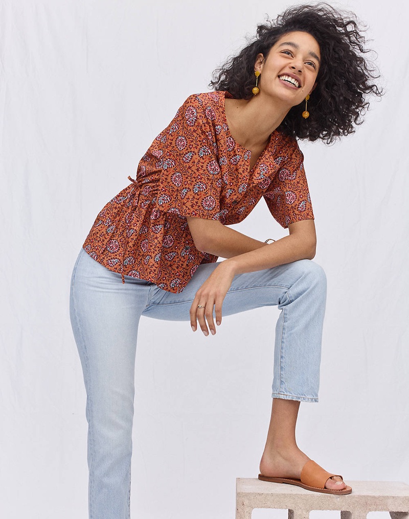 Madewell Drawstring-Waist Shirt in Warm Paisley, The Perfect Summer Jean in Fitzgerald Wash and The Boardwalk Post Slide Sandal