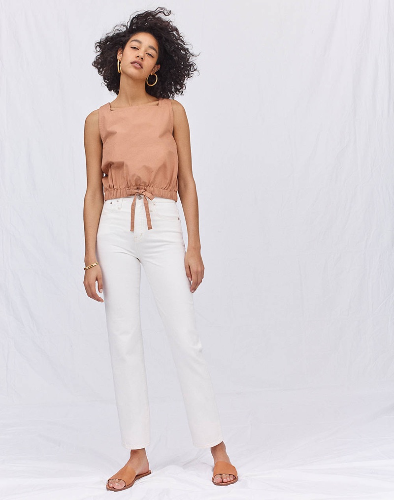 Madewell Square-Neck Bubble Top, Classic Straight Jeans in Tile White and The Boardwalk Post Slide Sandal