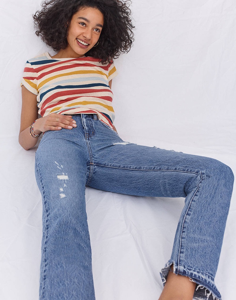 Madewell Lo-Fi Shrunken Tee in Jay Stripe and Classic Straight Jeans: Destructed Edition