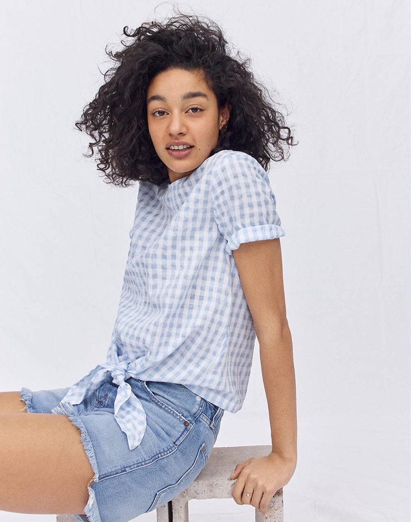 Madewell Button-Back Tie Tee in Gingham Check and The Perfect Jean Short: Step-Hem Edition