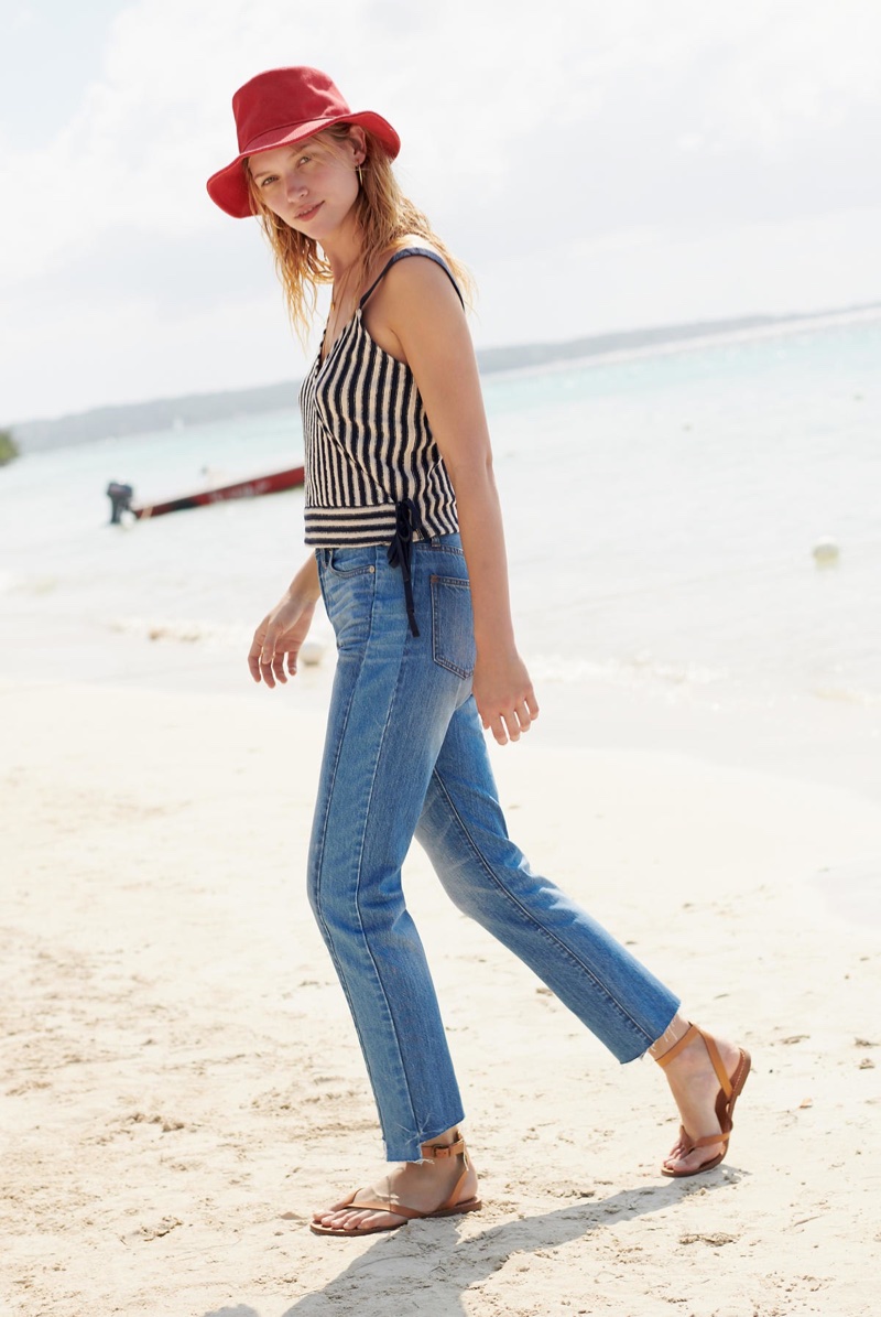 Madewell Finale Tank Top in Stripe, The Perfect Summer Jean: Pieced Edition and Short-Brimmed Canvas Bucket Hat