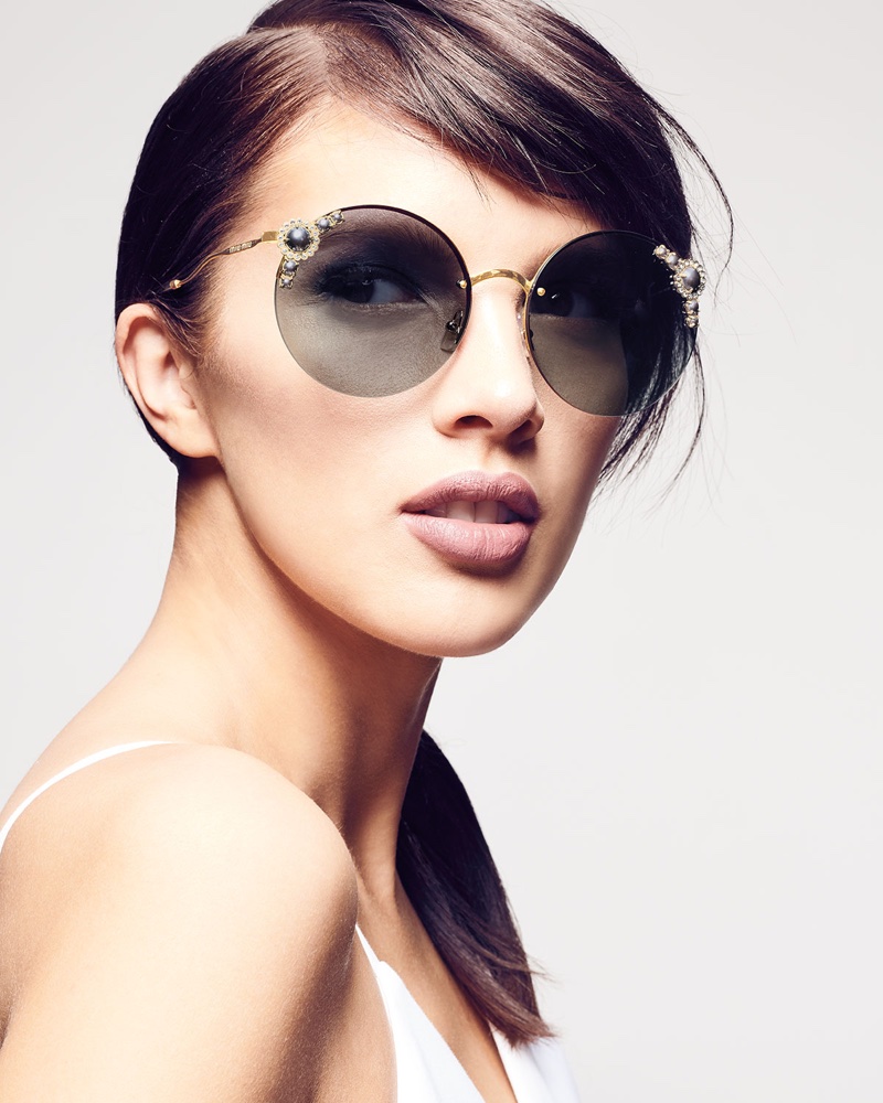 Miu Miu Stone-Trim Semi-Rimless Round Sunglasses