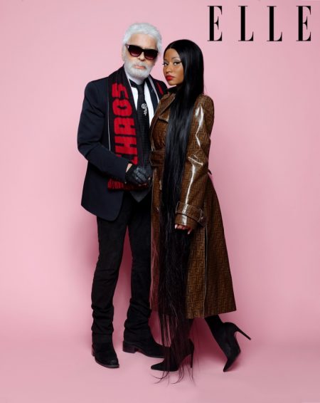 Nicki Minaj Poses with Karl Lagerfeld for ELLE Cover Shoot Posing with Karl Lagerfeld, Nicki Minaj wears Fendi coat and Stuart Weitzman pumps