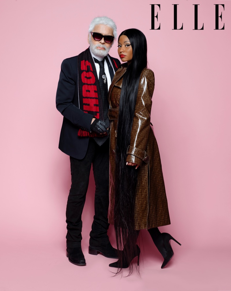 Posing with Karl Lagerfeld, Nicki Minaj wears Fendi coat and Stuart Weitzman pumps