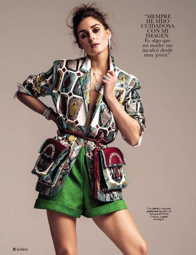 Olivia Palermo poses in Schiaparelli Haute Couture jacket and shorts with Bulgari jewelry