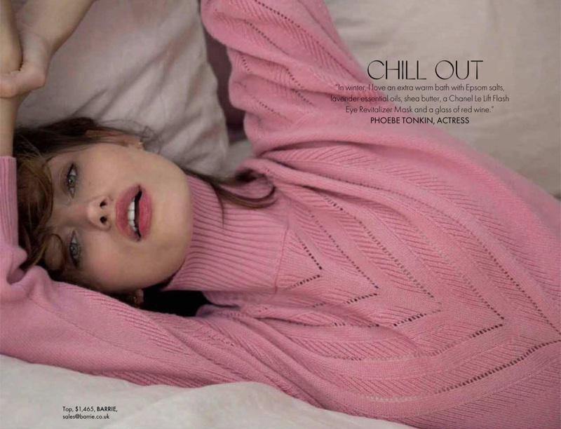 Looking pretty in pink, Phoebe Tonkin wears Barrie knit top