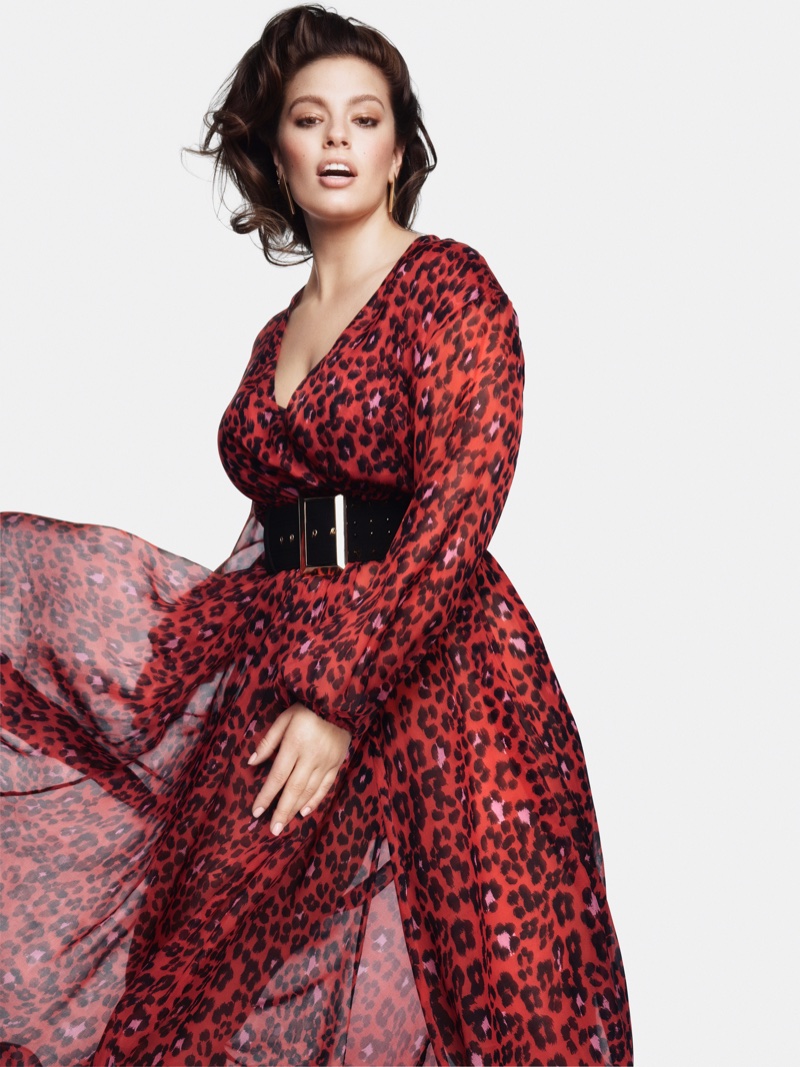 Dressed in a red leopard print dress, Ashley Graham fronts Marina Rinaldi fall-winter 2018 campaign