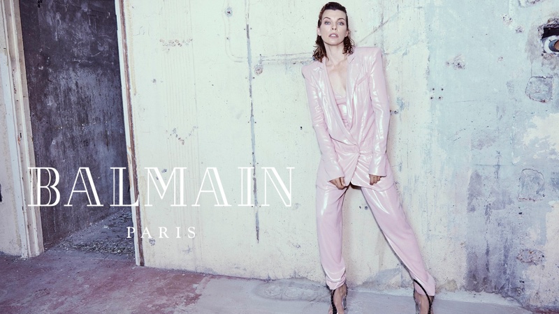 Suiting up, Milla Jovovich wears pink pantsuit in Balmain fall-winter 2018 campaign