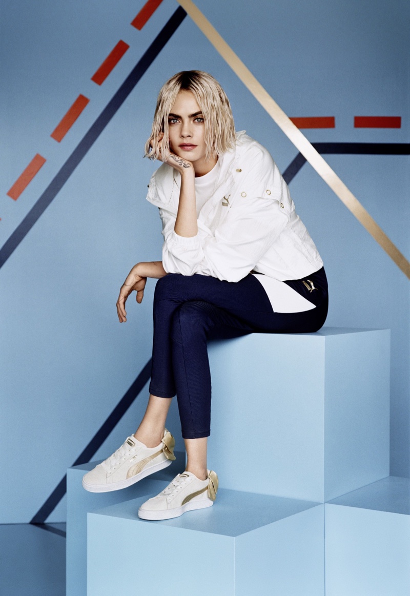 Model and actress Cara Delevingne fronts PUMA Suede Bow Varsity Sneaker campaign