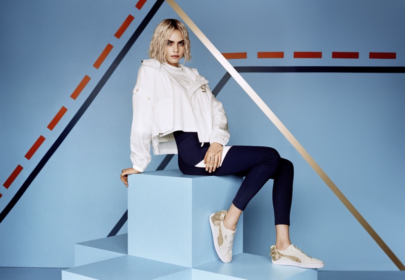 Cara Delevinge appears in PUMA campaign wearing the Suede Bow Varsity sneaker
